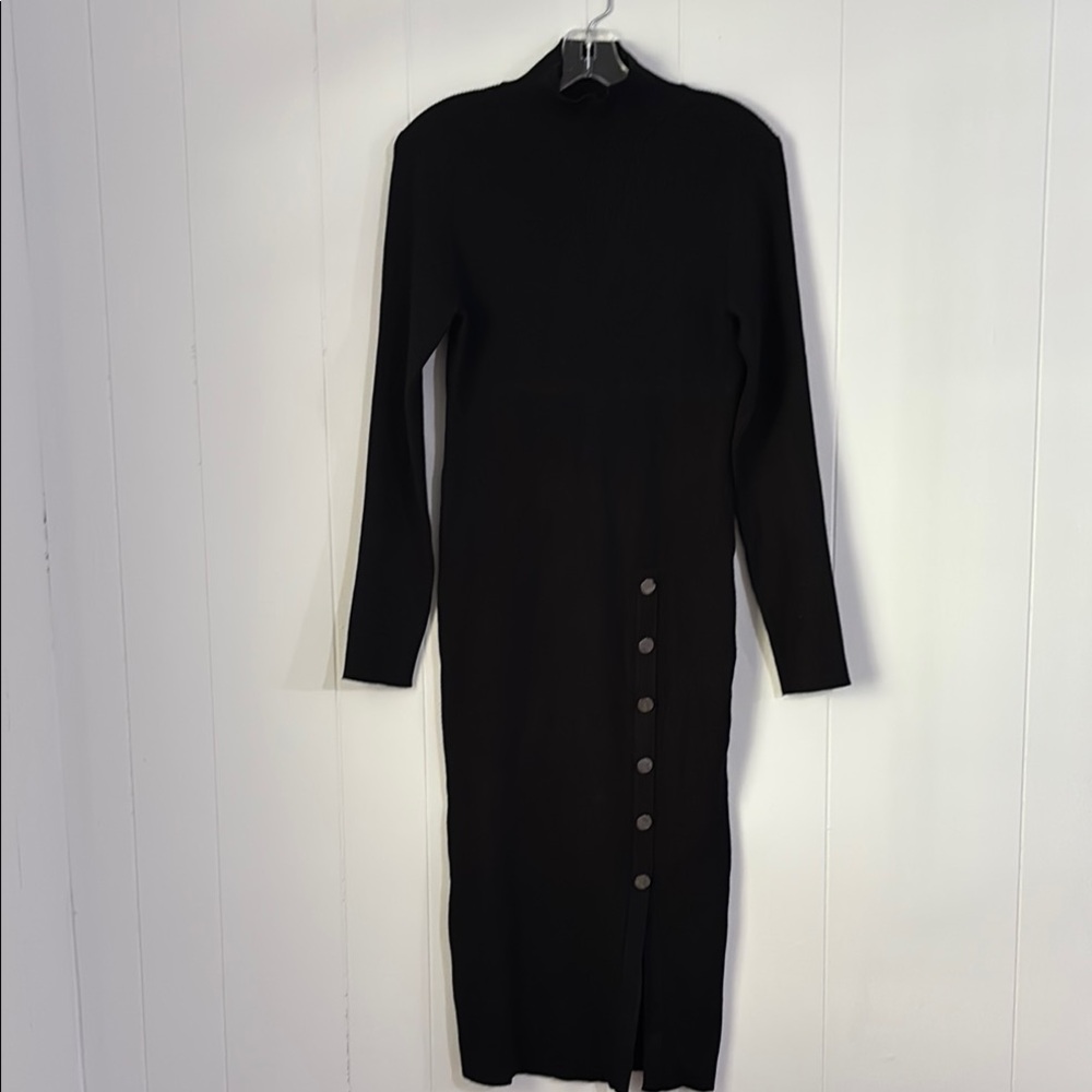 DKNY Black Knit Mock Neck Button Detail Long Sleeve Sweater Dress Size M - Picture 2 of 11